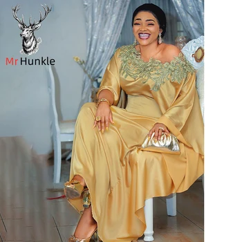 African rochii pentru femei Rochie Lunga de Culoare de Aur Model cu Dungi Largi tip Liliac Maneca aplicatiile Guler Rotund