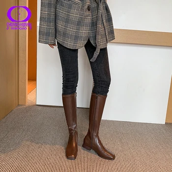 AIMEIGAO de Moda din Piele Cizme pentru Femei 2020 Iarna Cusut piele de Vacă de Pluș Cizme de sex Feminin Zip Square Toe Pantofi Lady