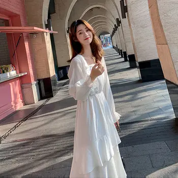 Alb Rochie Pentru Femei Rochie Lunga Elegant Petrecere De Nunta Dintr-O Bucata Doamna Casual Volane Noua Moda Coreeană Haine De Toamna Femei 2020