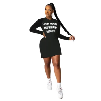 Alb Scrisoare De Imprimare Casual T Shirt Rochii Pentru Femei De Moda O Gatului Maneca Lunga Liber Vestidos Streetwear Negru Petrecere De Club Rochie Mini