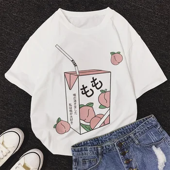 Alb T-shirt Femei Desene animate Suc de Piersici Japanses Estetice Grunge Roz Tricou Harajuku Kawaii Drăguț Casual de Vara Tricou Topuri