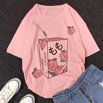 Alb T-shirt Femei Desene animate Suc de Piersici Japanses Estetice Grunge Roz Tricou Harajuku Kawaii Drăguț Casual de Vara Tricou Topuri