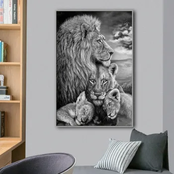 Alb și negru leu African leu sălbatic animal de familie panza pictura decor poze de perete pentru camera de zi panza pictura