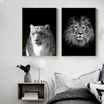 Alb și negru Leu Panza Pictura Pe Perete Elefant, Cerb Leopard Animal Postere Si Printuri Dormitor Decor de Perete de Arta Imagini