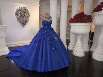Albastru regal Minge rochie Quinceanera Rochii 2020 Pur Gât Strălucitoare Margele Dantelă Florale 3D Capela Tren Sweety 1 Fete Rochie de Bal