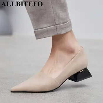 ALLBITEFO calitate de top moale din piele femei tocuri confortabile subliniat toe moda pantofi cu toc doamnelor fete tocuri inalte