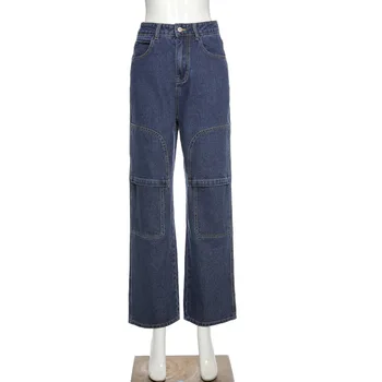 ALLNeon Indie Streetwear Talie Joasa Blugi Largi Y2K Estetica Denim Pantaloni Largi cu Buzunare 90 Pantaloni de Moda de Epocă