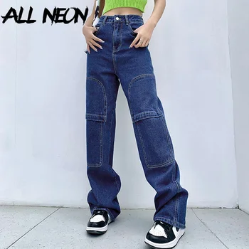 ALLNeon Indie Streetwear Talie Joasa Blugi Largi Y2K Estetica Denim Pantaloni Largi cu Buzunare 90 Pantaloni de Moda de Epocă