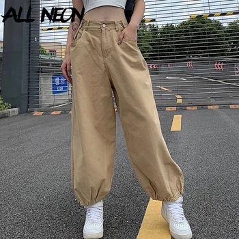ALLNeon Y2K Moda Kaki Supradimensionate, Pantaloni Hip Hop Stil de Dezlegat Reglabil Cordon Talie Pantaloni Lungi Streetwear ' 90 Toamna