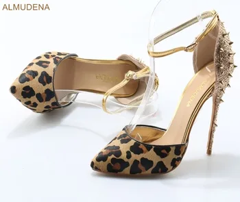 ALMUDENA Leopard de Imprimare Stilet Tocuri de Aur Bling Bling Cristal Toc Pantofi Rochie Nituri Petrecere Pantofi cu Toc Subțire de Mare Pantofi de Nunta