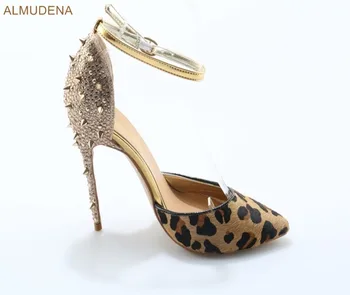 ALMUDENA Leopard de Imprimare Stilet Tocuri de Aur Bling Bling Cristal Toc Pantofi Rochie Nituri Petrecere Pantofi cu Toc Subțire de Mare Pantofi de Nunta