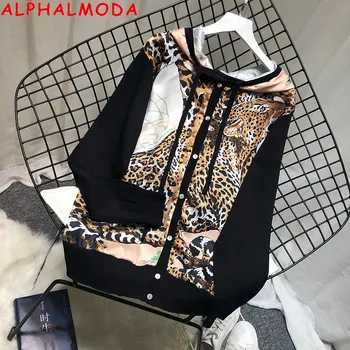 ALPHALMODA 2019 Toamna Noua Moda Imprimate Pulover cu Gluga Cămașă cu mâneci Lungi Leopard de Imprimare Satin Singur Pieptul Cardigan
