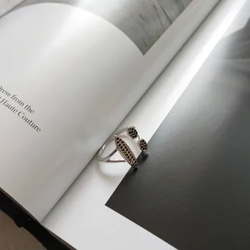 Amaiyllis Argint 925 Micro Pave Cubic Zirconia Negru Diamant Smiley Deschide Inel Pentru Femei Declarație Inele Bijuterii Cadou