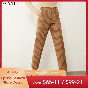 Amii Minimalism Toamna Iarna Lână Pantaloni pentru Femei de Moda Dungi Talie Mare Direct Glezna-lungime Pantaloni sex Feminin 12070500
