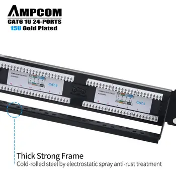 AMPCOM Premium Series CAT6 Patch Panel,15 Placat cu Aur,1U 24-Port Rackmount sau Wallmount Pumn în Jos Patch Panel