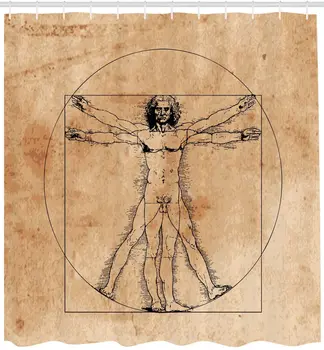 Anatomia Omului Perdea De Duș Medievală Omul Vitruvian Al Crosshatching Italian Celebru Tablou Renascentist Body Art Decor Baie
