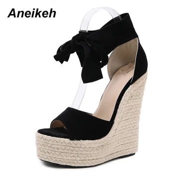 Aneikeh NOUA Moda Turma de Femei Sandale Cross-Curea Dantelă-Up Pene Tocuri inalte Negru Petrecere de zi cu Zi Pompe de Sandale Pantofi Mărimea 35-40