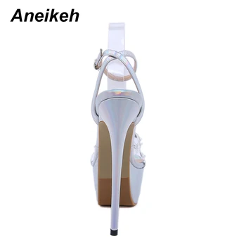 Aneikeh Vara Femei Pantofi Sandale PVC Gladiator Moda Bling Tocuri Subtiri Catarama Curea de Spate Curea Rochie Rotund Deget de la picior din Argint 34~40