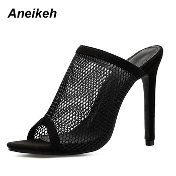 Aneikeh Vara sandale Sandale Femei Catâr Diapozitive Gaura de Plasă Taie Gol Tocuri Tocuri inalte Casual Clubwear Pantofi negru
