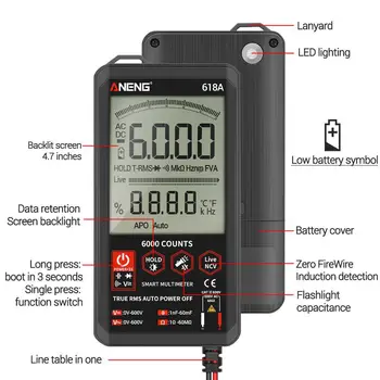 ANENG 618C Multimetru Digital Smart Touch DC Analog Bar True RMS Auto Tester Profesional Tranzistor Condensator NCV Testere Metru