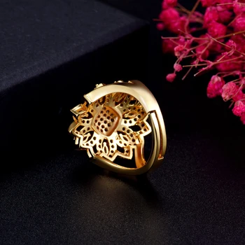 ANGELCZ Moda Cubic Zirconia Floare Mare Picătură Legăna Pandantiv Colier Cercei Inel de Aur Dubai Set de Bijuterii pentru Femei AJ209