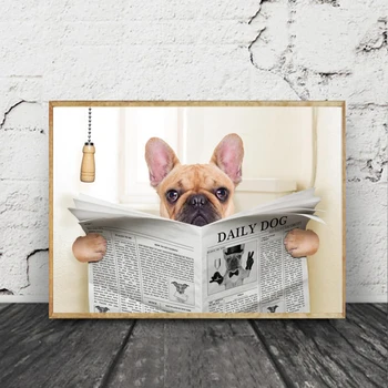 Animale Poster Câine Citind Ziarul Panza Pictura De Perete De Arta Câine Amuzant Toaletă Arta Poster Imagini Decor De Perete Pentru Baie