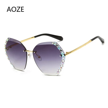 AOZE2020 Noi Cristal fără ramă Hexagon ochelari de Soare pentru Femei Brand de Lux de Designer de Înaltă Calitate Stras Fara rama Treptată ochelari de Soare