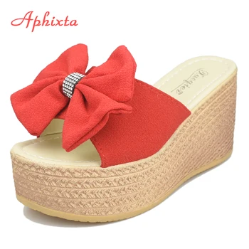 Aphixta 9cm Tocuri de Vară pe Plajă Platforma Femei Pană Papuci de casă Aplicatii de Fluture nod Sandale Feminine Bloca Pantofi Slide-uri de Femei