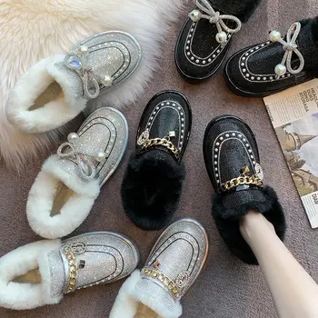 Aphixta Metal Lanț de Aur Cald pentru Femei Pantofi de Zăpadă Cristale de Lux 2020 Cizme Scurte Talpă Moale Pietre de Iarnă de Pluș Apartamente