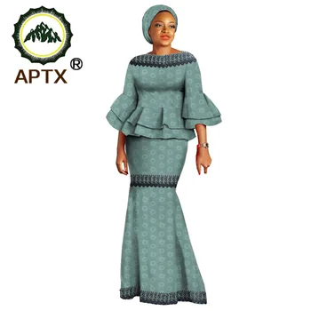 APTX 2 Piese Fusta Costum African Print Flare Mâneci Sus+Glezna-Lungime Fusta Femei Casual Costum de Bumbac cu Headwrap A2026001