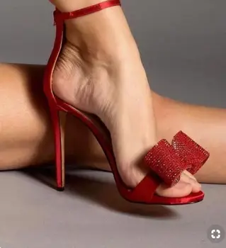 Arcul de cristal Open Toe Sandal 10 cm Toc Subțire Glezna Curea Sandale Rosii Clasic Femei Pantofi Rochie