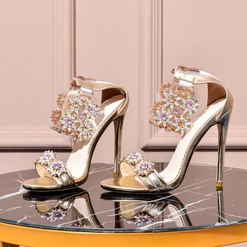 Arden Furtado 2020summer pantofi floare de cristal extreme tocuri de 12cm petrecere sexy pantofi cu Tocuri cui de aur roșu stras sandale 43