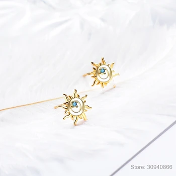 Argint 925 Albastru de Cristal Zirconia Gol Soare Cercei pentru Femei Drăguț Soare de Aur de Argint de culoare Știfturi Petrecere de Moda Bijuterii