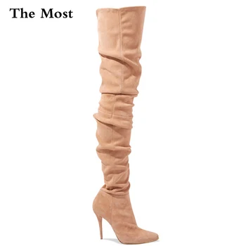 ARQA 2019 Cald Porțiune de piele de Căprioară Piele Tocuri inalte cizme Femei, Cizme de Iarna cu Toc Stiletto Sexy, Peste Genunchi Cizme de sex Feminin Pantofi