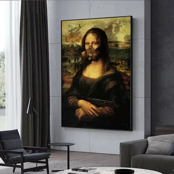 Art amuzant Mona Lisa Ține O Armă În Războiul de Arta de Perete Poze Tablouri Canvas Postere si Printuri pentru Living Decorul Camerei Cuadros