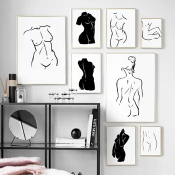 Arta De Perete Panza Pictura Abstractă Drewing Fata Corpului Negru Alb Nordic Postere Si Printuri Poze De Perete Pentru Living Decorul Camerei