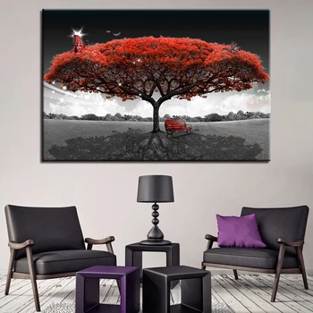 Arta Poster De Perete Stil Imaginile Pentru Camera De Zi 1 Panou Roșu Copac Peisaj Abstract Panza Cuadros Decor Modern, Picturi