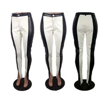 Artificial Pantaloni de piele mozaic alb și negru femei bottoms pantaloni S-3XL fantă jos pantalonii