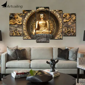 ArtSailing HD Imprimare 5 Bucata de Panza Arta de Aur Rezumat Buddha Pictura Poze de Perete Pentru Camera de zi Postere Decor Acasă