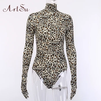 ArtSu 2019 Drăguț Leopard de Imprimare de Înaltă Gât Body cu Maneca Lunga de Toamna Bodycon Slab Bodysuits-O Bucata Costum Nou ASJU60532