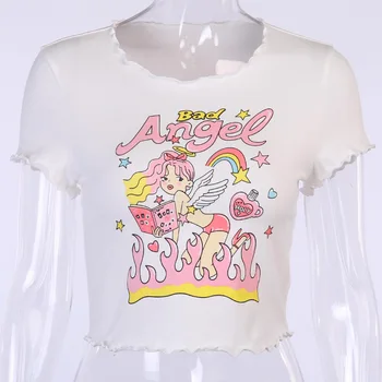 ArtSu Estetice de Vara pentru Femei Culturilor Topuri Drăguț Înger Grafic de Imprimare Alb T-Shirt Casual rochie Bodycon de Haine de sex Feminin ASTS52117