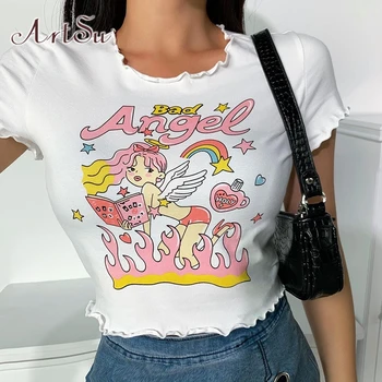 ArtSu Estetice de Vara pentru Femei Culturilor Topuri Drăguț Înger Grafic de Imprimare Alb T-Shirt Casual rochie Bodycon de Haine de sex Feminin ASTS52117