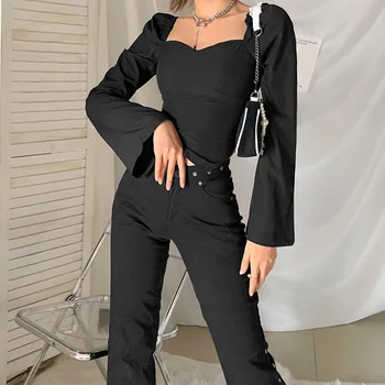 ArtSu Neregulate Taie Teaca Mare Streetwear Crop Top pentru Femei Elegante Office Lady Simplu Tricou 2021 Primavara Toamna Casual Teuri TS52553