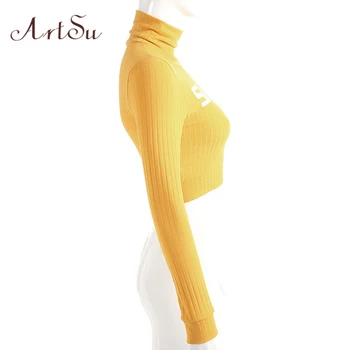 ArtSu Streetwear Scrisoare de Imprimare Guler Trunchiate Tricou Femei Galben Hoodie Lungă Maneca Doamnelor Hanorace Moda ASHO20333