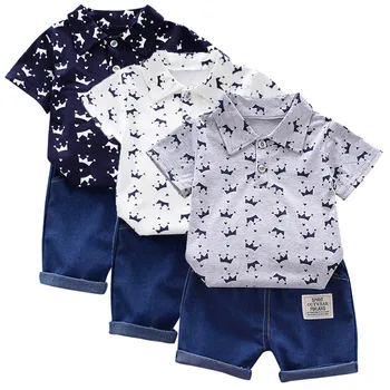 Baby Boy Set Haine De Vara Nou Haine Copii Pentru Copii Copilul Băiat Maneca Scurta Model Coroana Topuri Tricou+ Pantaloni Din Denim Set