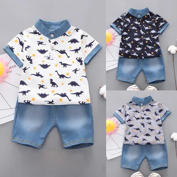 Baby Boy Set Haine De Vara Nou Haine Copii Pentru Copii Copilul Băiat Maneca Scurta Model Coroana Topuri Tricou+ Pantaloni Din Denim Set