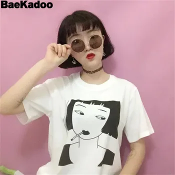 BAEKADOO Harajuku Stil Japonez de Desene animate de Imprimare Tee Top Femeie Mâneci Scurte de Vară, O-neck T-shirt