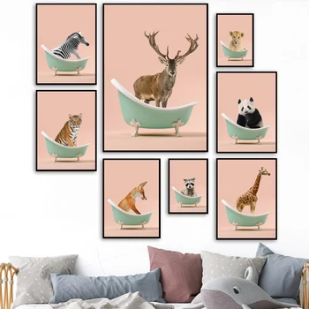 Baie Animale, Leu, Girafa, Zebra, Cerb Arta De Perete Panza Pictura Nordică Postere Si Printuri Poze De Perete Pentru Dormitor Decor Copil