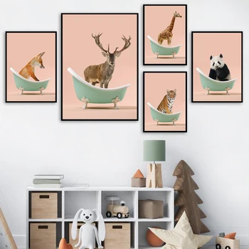 Baie Animale, Leu, Girafa, Zebra, Cerb Arta De Perete Panza Pictura Nordică Postere Si Printuri Poze De Perete Pentru Dormitor Decor Copil