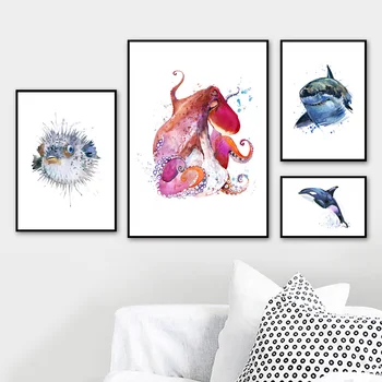 Balena Rechin Meduze, Caracatiță, Pește Delfin Nordic Postere Si Printuri De Arta De Perete Panza Pictura Pe Perete Poze Baby Decor Camera Pentru Copii